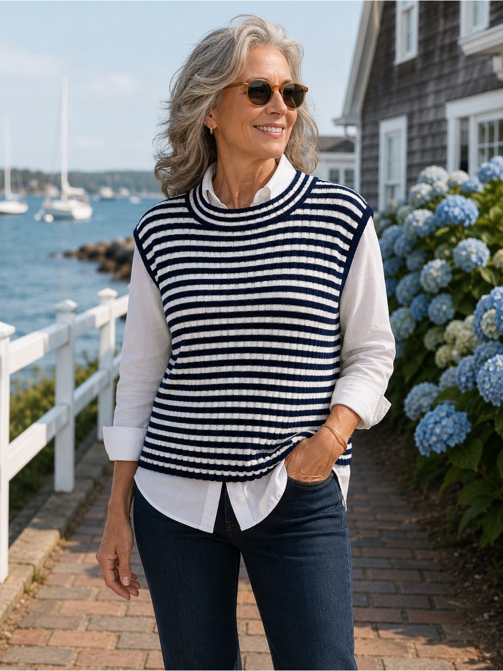 St. John Sport by Marie Gray Navy & White Striped Sweater Vest | Large | Wool Bl